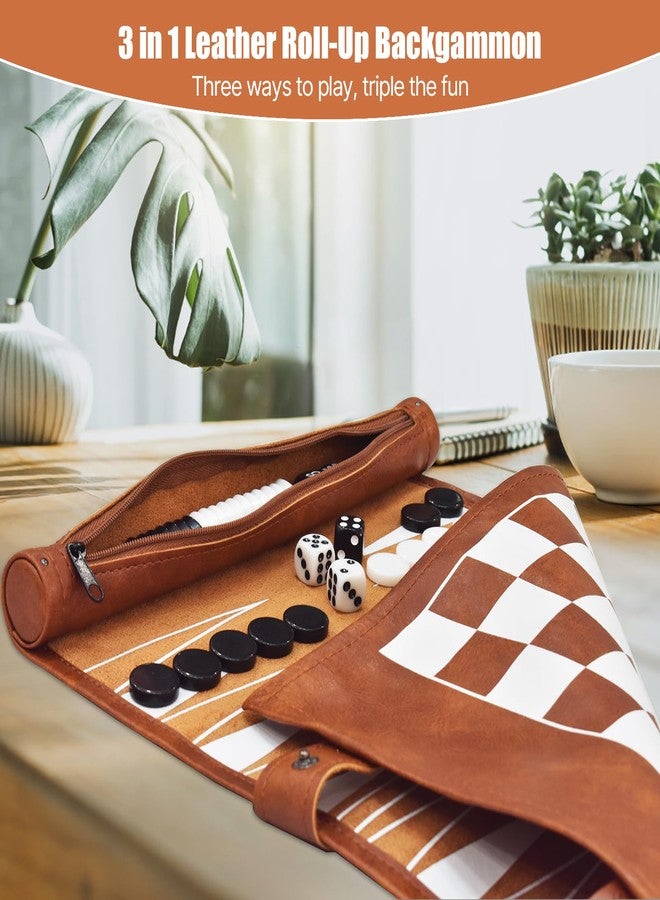 Partsmojo Chess, Checkers, and Backgammon Set 3 in 1 - Roll-up Leather Board Games, Portable and Lightweight with Drawstring Bag,Travel-Size Board Game for Camping, Backpacking, Road Trips, Adults - Image 4